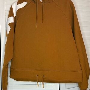Women’s Zyia Crop Hoodie with White Logo on Sleeve, Camel Color, Size XL